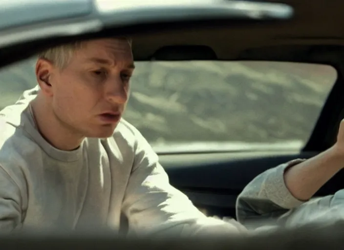 Prompt: a very high resolution image from a new movie, eminem driving a car. mountains, directed by wes anderson