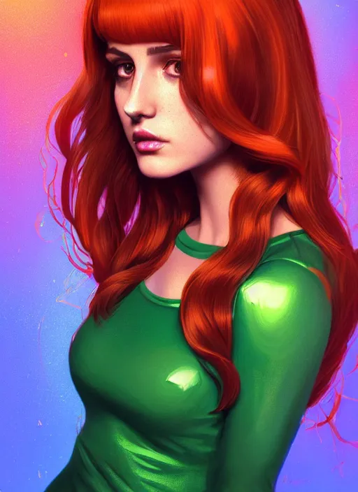 Image similar to full body portrait of teenage cheryl blossom, bangs, green eyes, mischievous expression, red hair, sultry smirk, bangs and wavy hair, intricate, elegant, glowing lights, highly detailed, digital painting, artstation, concept art, smooth, sharp focus, illustration, art by wlop, mars ravelo and greg rutkowski