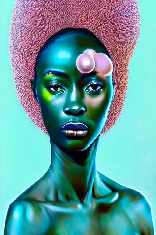 Image similar to hyperrealistic avant garde cinematic super expressive! yoruba goddess with exoskeleton armor, merging with tree in a forest, highly detailed digital art masterpiece, smooth cam de leon eric zener dramatic pearlescent soft teal pink light, ground angle hd 8 k, sharp focus
