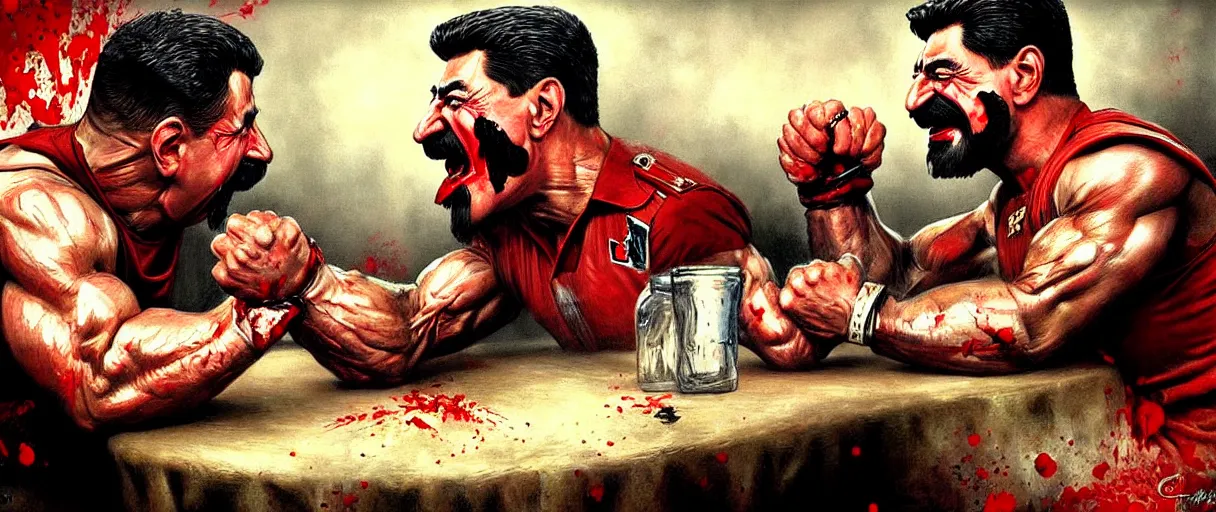 Image similar to arm wrestling ( ( vladimir putin ) ) vs ( ( iosif stalin ) ), hyperrealistic, digital concept art, caricature illustration, bloody, violent. horror. art by gaston bussiere