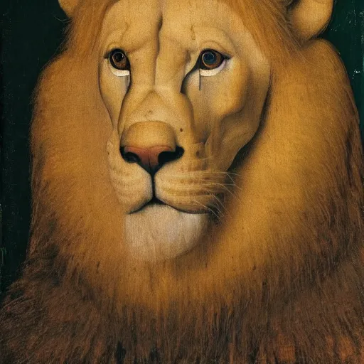 Image similar to portrait of a king with a lions head for a head, oil painting by jan van eyck, northern renaissance art, oil on canvas, wet - on - wet technique, realistic, expressive emotions, intricate textures, illusionistic detail