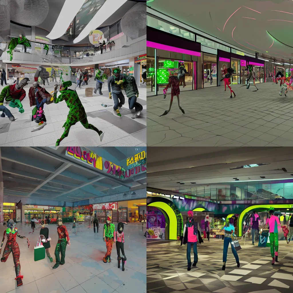 Prompt: shopping mall overrun by zombies, style of Jet Set Radio, octane render