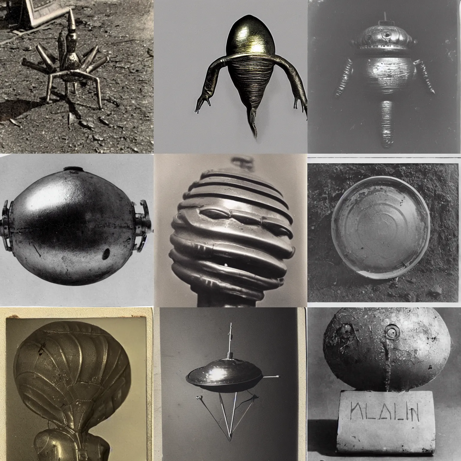 Prompt: a old worn photograph of an unusual metallic alien object