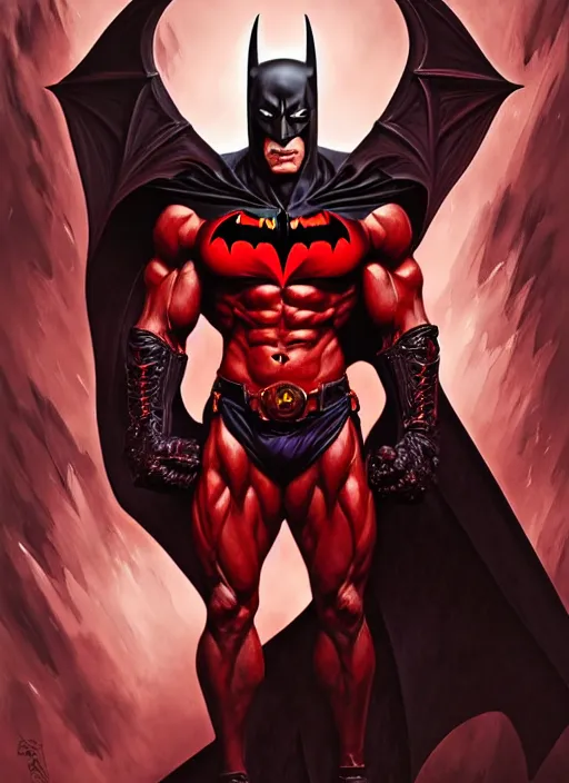 Image similar to portrait of aggressive demonic damned batman, d & d, muscular! athetic slim bodybuilder, red and black, futuristic, fantasy, intricate, elegant, highly detailed, digital painting, artstation, concept art, smooth, sharp focus, illustration, art by artgerm and greg rutkowski and alphonse mucha