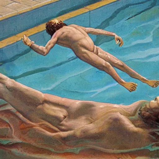 Prompt: jesus on his cross swimming in a pool