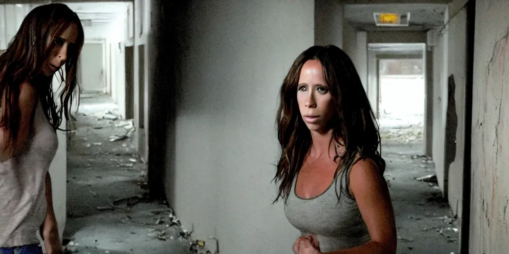 Prompt: Jennifer Love Hewitt running away from a serial killer, looking over her shoulder, in a dark abandoned school