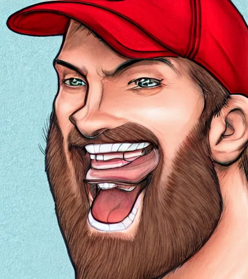 Image similar to tall skinny white guy with very short blonde beard wearing an nc state red baseball cap and red shirt full color digital illustration in the style of don bluth, artgerm, artstation trending, 4 k