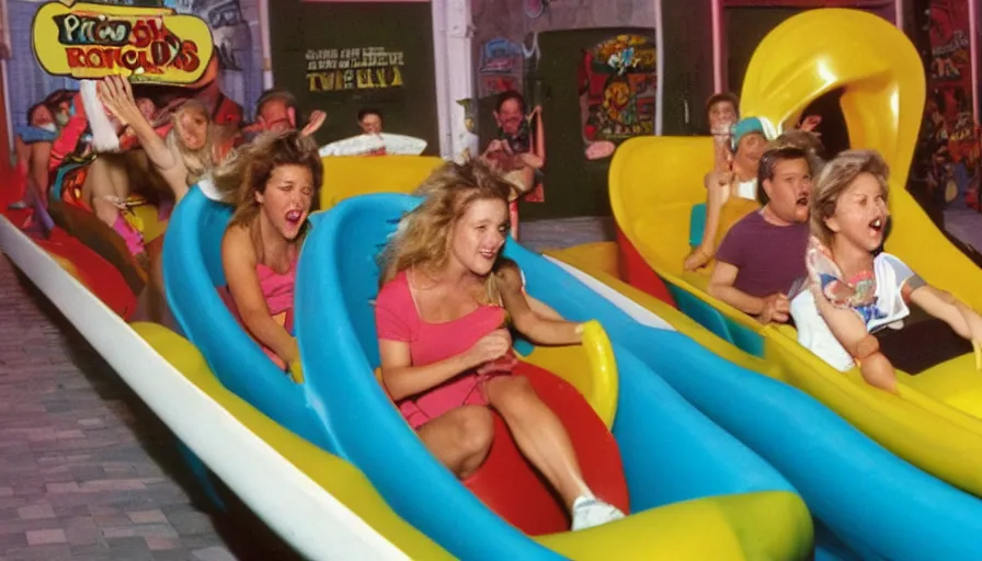 Prompt: 1990s photo of inside the Jello Friends Mouse Slide Show ride at Universal Studios in Orlando, Florida, riding a hotdog through a pizza slime arcade, cinematic, UHD