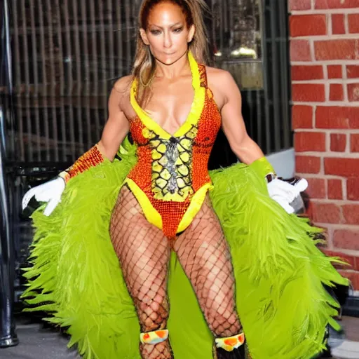 Prompt: full body photo of jennifer lopez, she is wearing a funny hallowen costume of corn on a cob