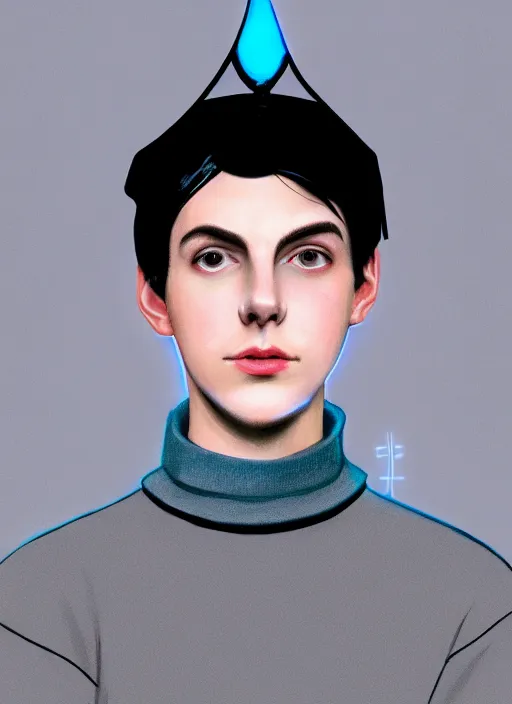 Image similar to portrait of teenage jughead jones wearing a light grey crown, crown, blue turtleneck, 1 9 5 0 s, closed eyes, photorealistic, black hair, glowing lighting, intricate, elegant, glowing lights, highly detailed, digital painting, artstation, concept art, smooth, sharp focus, illustration, art by wlop, mars ravelo and greg rutkowski