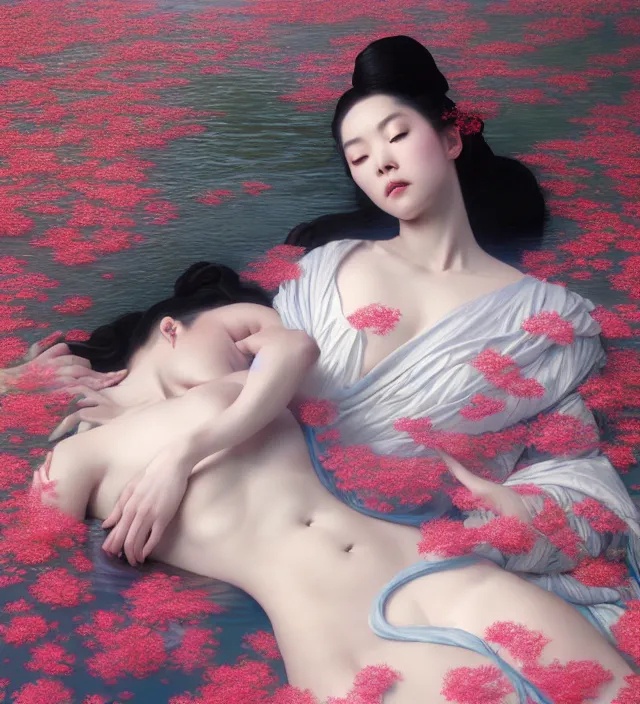 Image similar to baroque portrait of a geisha woman of porceline skin lying down in a river made of thousand of flowers, cinematic lighting, photorealistic, octane render, 8 k, depth of field, art by artgerm and greg rutkowski and alphonse mucha and uang guangjian