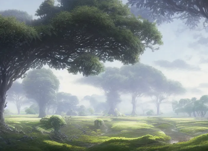 Image similar to Lush farmland outside a beautiful elven city made of white marble, anime, lush trees, a fantasy digital painting by Greg Rutkowski and James Gurney, trending on Artstation, highly detailed
