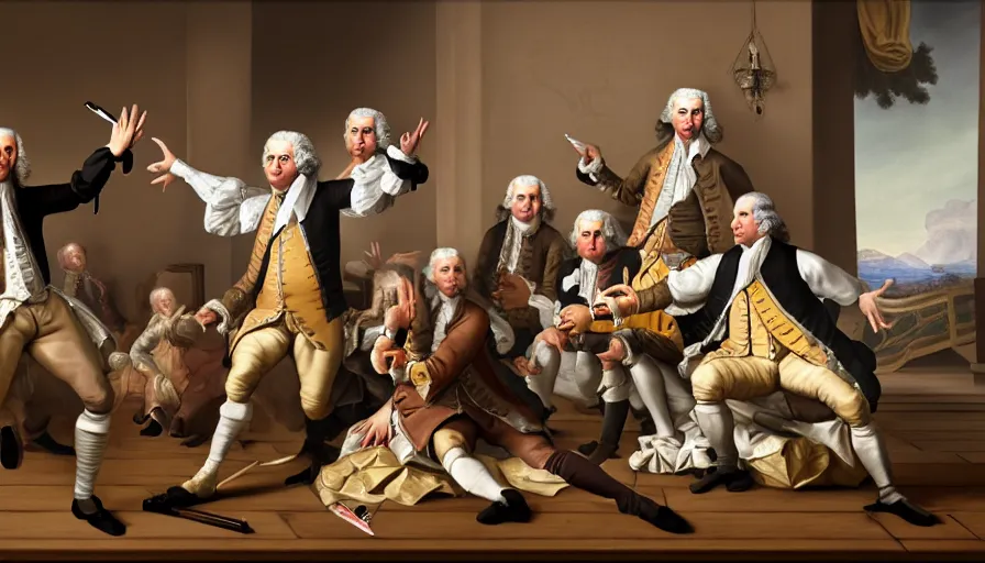 Prompt: A 17th century Baroque Painting of the Founding Fathers doing Fortnite dances, Fortnite Dances, Fortnite Dancing, grainy, realistic, hyperrealistic, very realistic, very very realistic, highly detailed, very detailed, extremely detailed, detailed, digital art, trending on artstation, detailed faces, very detailed faces, very detailed faces, realism, HD Quality, 8k resolution, intricate details, painting, oil painting, trending on deviantart, Baroque Painting