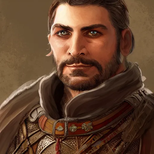 Prompt: 5 0 years old man, tall, stocky : : brown hair, sympathetic, designer stubble : : decorated medieval clothing : : high detail, digital art, rpg, concept art, illustration