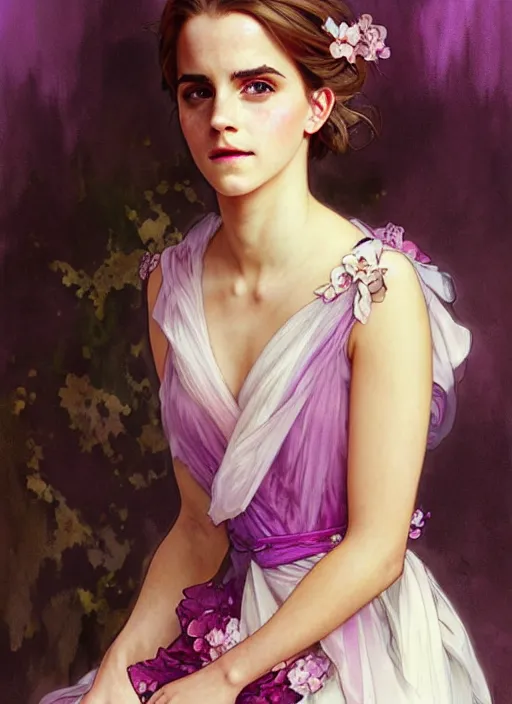 Prompt: emma watson wearing revealing pink and purple chiffon dress with flounces. beautiful detailed face. by artgerm and greg rutkowski and alphonse mucha