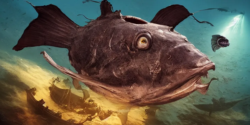 Prompt: a giant anglerfish about to swallow a pirate ship in the ocean, award winning photograph, dramatic lighting, 8k UHD