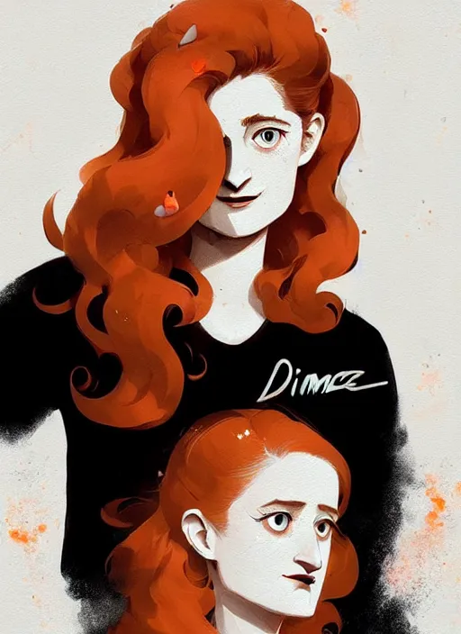 Image similar to highly detailed closeup portrait of beautiful grace gummer as dom dipierro, wavy ginger hair, black dress, by atey ghailan, by greg rutkowski, by greg tocchini, by james gilleard, by joe fenton, by kaethe butcher, gradient orange, black and white color scheme, grunge aesthetic!!! ( ( graffiti tag wall background ) )