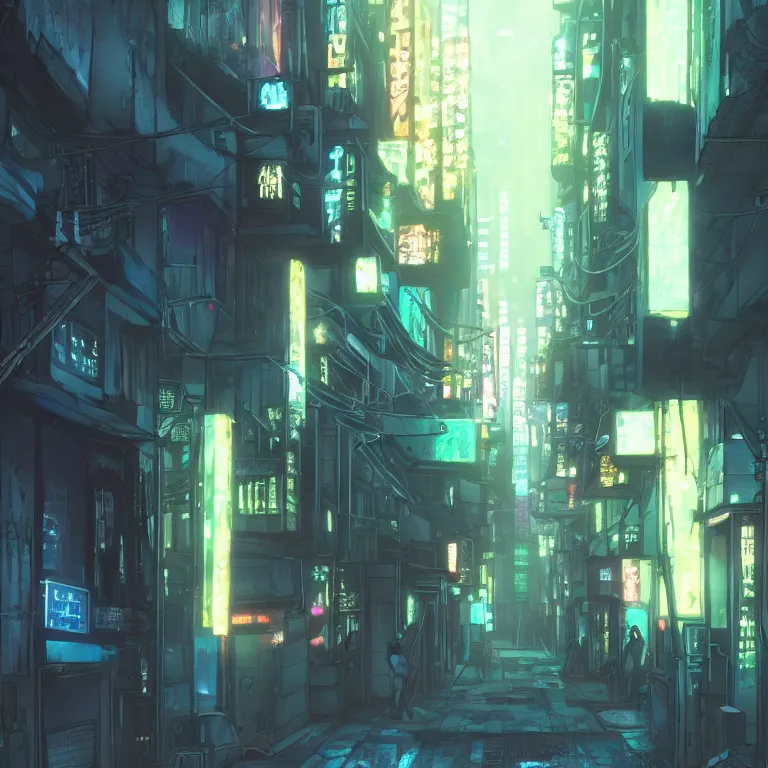 Image similar to city alleyway in the atmospheric cyberpunk anime film, gouache matte background painting, neon noir, at night with lights, by makoto shinkai, in the anime series ergo proxy, beautiful specular edge highlights and rim lighting