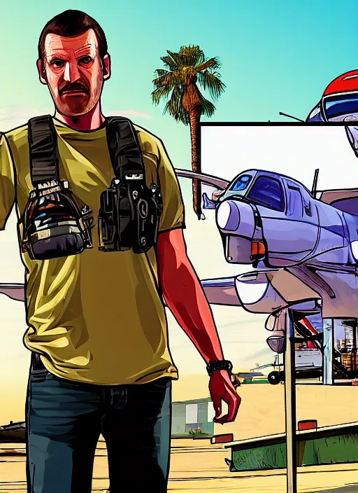 Image similar to illustration gta 5 artwork of mr steele fpv pilot, in the style of gta 5 loading screen, by stephen bliss