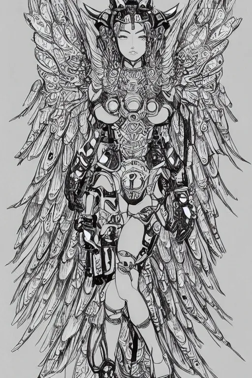 Image similar to full body illustration, mechanized mayan female, repressed angel, highly detailed, sumi - e art, suiboku - ga ink, by kim jisu, pen and ink monochrome, mecha, deviantart, artstation, pinterest