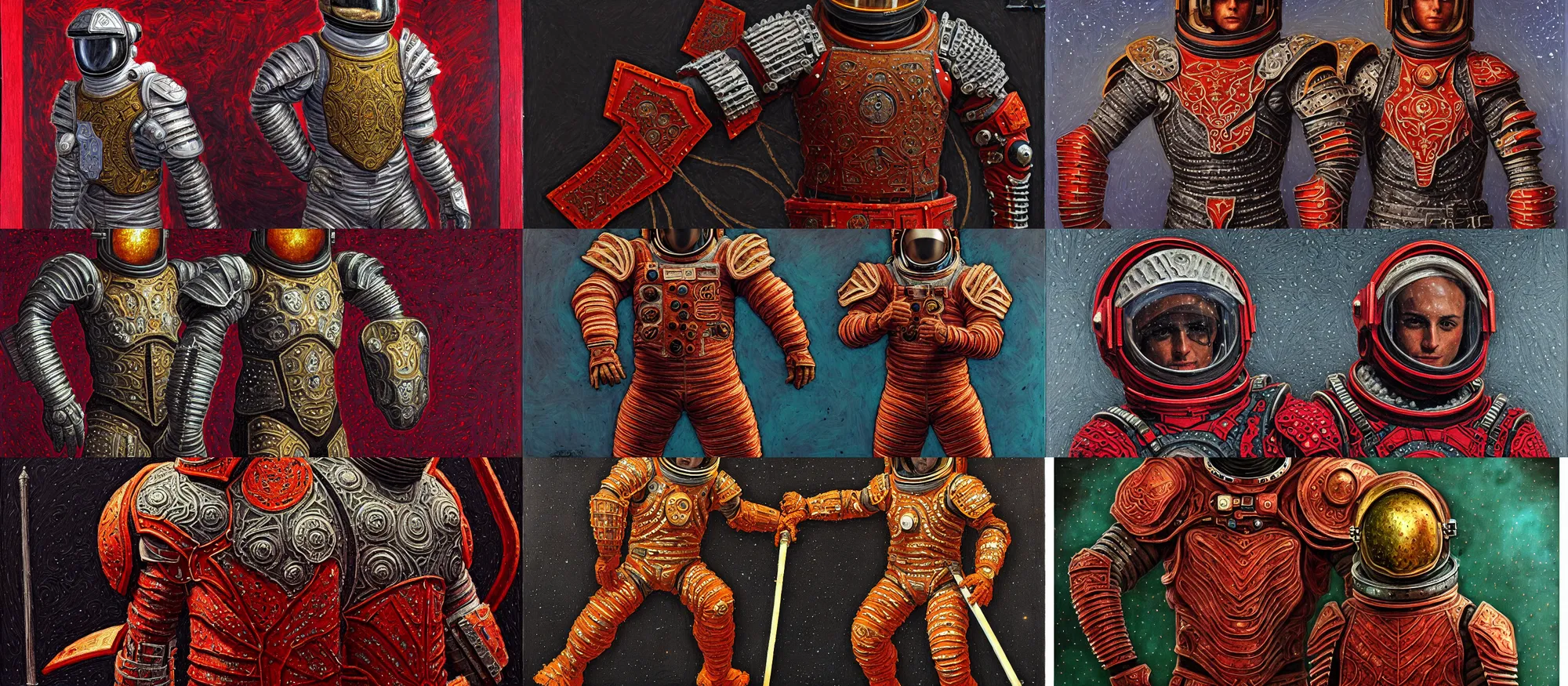 Prompt: astronaut - gladiators!! in fractal armor with girih bargello pattern, lorica segmentum, fencing, tonalist, symbolist, figurative, concept, chiaroscuro, grisaille, palette knife, heraldry, frenetic, stippling, shadows, luminous, sublime, edge lighting, viridian, venetian red