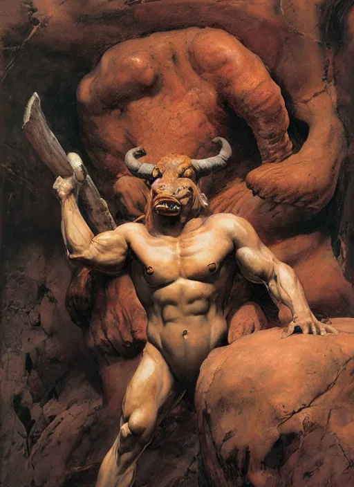 Image similar to full body portrait of a huge, miserable minotaur sitting in a dark cave, by boris vallejo and lawrence alma-tadema and simon bisley and greg manchess and zdzislaw beksinski and norman rockwell