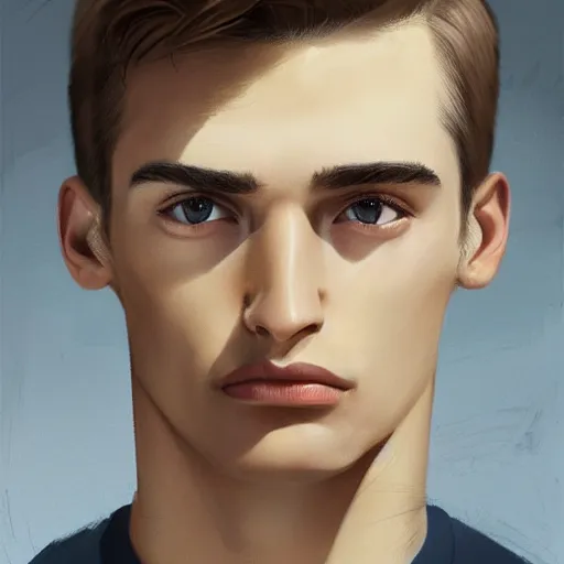 Image similar to man in his twenties with brown blond short quiff hair and thin slightly round facial structure with cleft chin, straight eyebrows and prominent nose, good definition of cheekbones, big hazel nut brown eyes, narrow face, slim body, atmospheric lighting, painted, intricate, 4k, highly detailed by Charlie Bowater