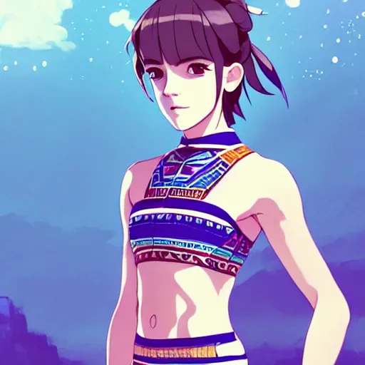 Image similar to a beautiful boyish emma watson alluring instagram model, wearing japanese hiphop aztec leotard outfit with mayan pattern and native style, aztec street fashion bathing suit, botw style, gapmoe yandere grimdark, trending on pixiv fanbox, painted by greg rutkowski makoto shinkai takashi takeuchi studio ghibli, akihiko yoshida