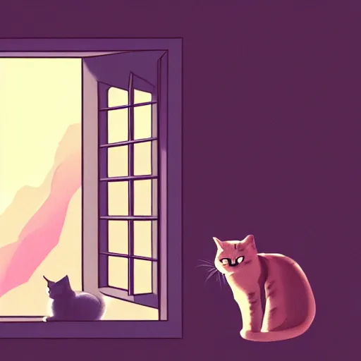 Image similar to a beautiful landscape including mountains and plains through a window, cat sitting on the edge of the window, illustration, digital art, trending on artstation, no signature