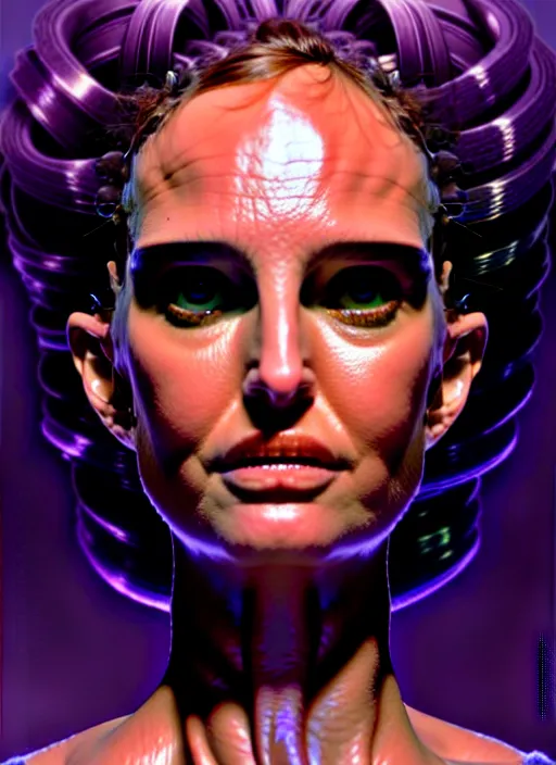 Image similar to Medusa, Natalie Portman, portrait, very detailed, dramatic lighting, electrical details, high details, 4k, 8k, trending on artstation, by Greg Rutkowski, Wayne Barlowe, Hajime Sorayama and Boris Vallejo