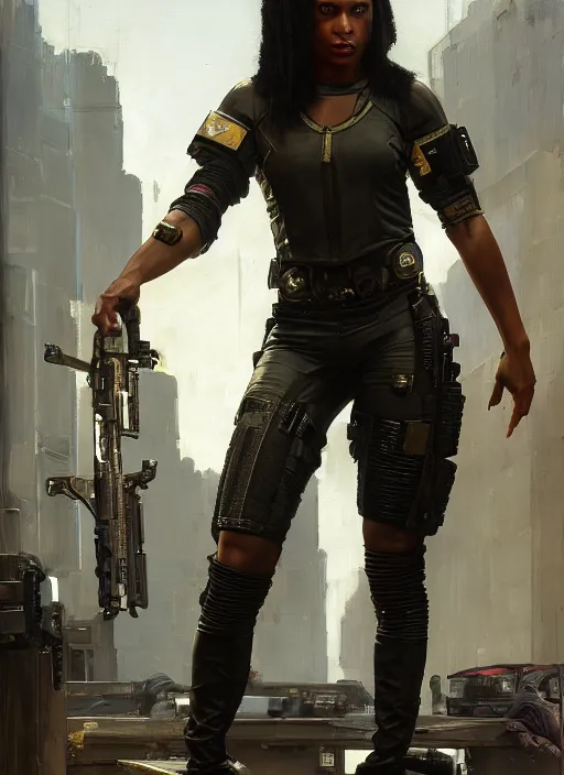 Image similar to maria igwe. cyberpunk mercenary wearing a military vest and combat jumpsuit. (Cyberpunk 2077, bladerunner 2049). Iranian orientalist portrait by john william waterhouse and Edwin Longsden Long and Theodore Ralli and Nasreddine Dinet, oil on canvas. Cinematic, hyper realism, realistic proportions, dramatic lighting, high detail 4k