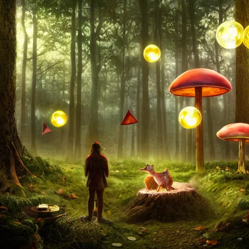 Image similar to A hyper real comic book style portait painting of an enchanted forest with toadstools and a forest hut. Soap bubbles in the air. A fox is in the foreground, unreal 5, hyperrealistic, octane render, cosplay, RPG portrait, dynamic lighting