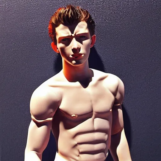 Image similar to “a realistic detailed photo of a guy who is an terminator, who is a male android, Tom Holland, shiny skin, posing like a statue, blank stare”