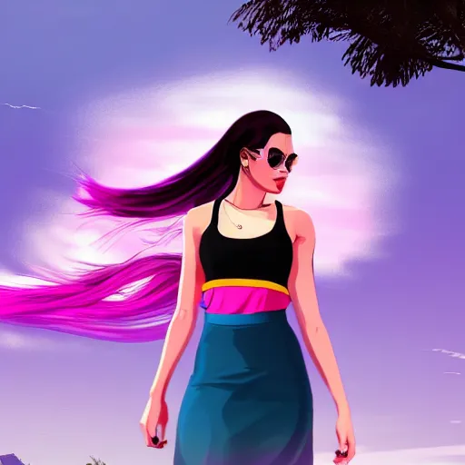 Image similar to a stunning GTA V loading screen with a beautiful woman with ombre hairstyle in purple and pink blowing in the wind, tanktop and skirt, city streets, digital art, trending on artstation