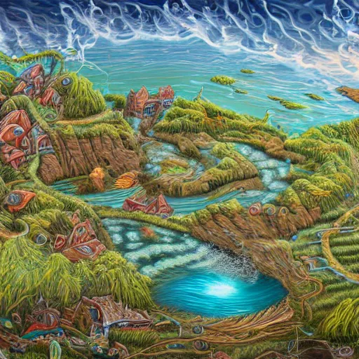 Image similar to a highly detailed link drawing of cuthulu emerging from a whirl pool in the ocean with a village in the background, 4 k, hd, high resolution, intricate detail
