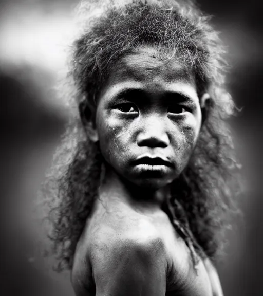 Image similar to Award winning reportage photo of Palau Natives with incredible hair and beautiful hyper-detailed eyes wearing traditional garb by Lee Jeffries, 85mm ND 5, perfect lighting, gelatin silver process