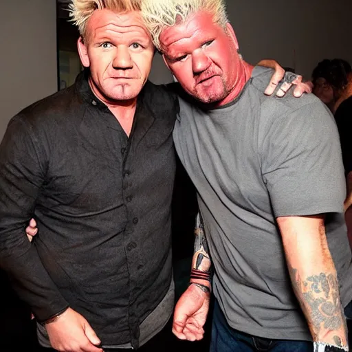 Prompt: gordon ramsay and guy fieri as conjoined twins, medical photo, had