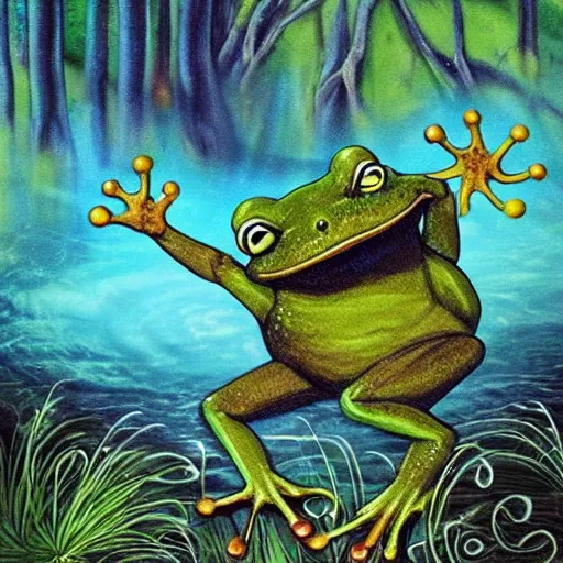 Image similar to mischievous forest spirit darts through the air over a frog pond at night. magic swirls in the air. the spirit grins with glee. by kevin walker, by greg staples, by daarken, by terese nielsen,