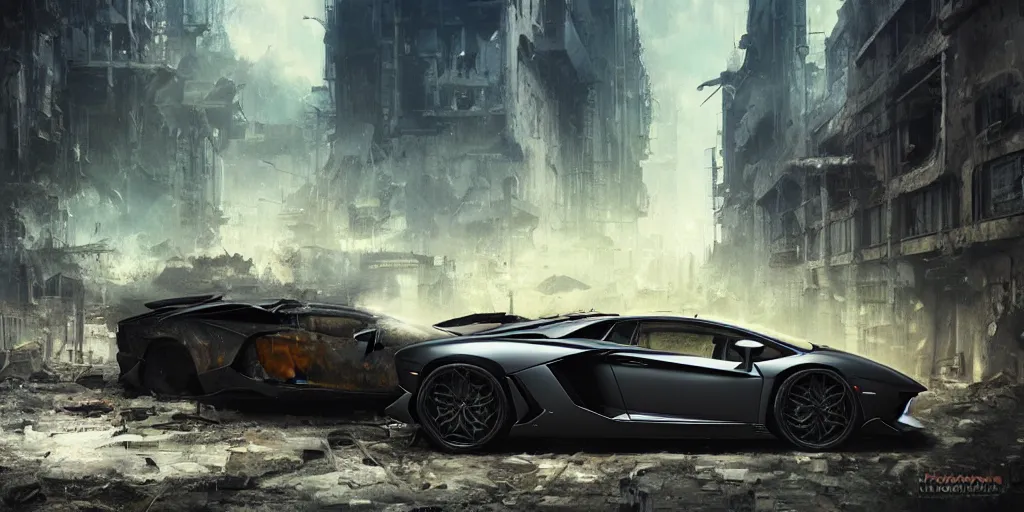 Image similar to lamborghini aventador in the abandoned city by frank frazetta, greg rutkowski, beeple, yoko taro