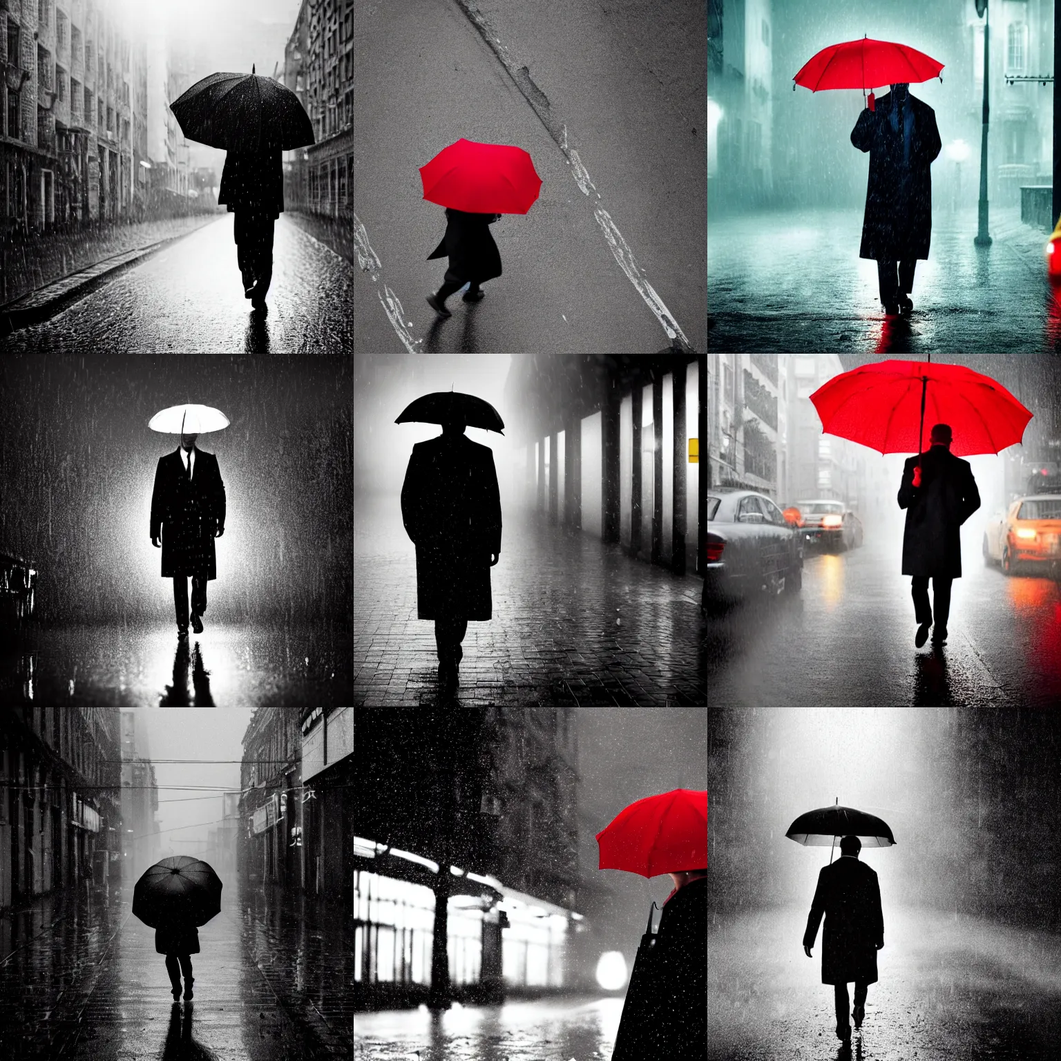 Prompt: A dramatic portrait of a detective in yellow rain coat , red umbrella , walking in a black and white street . Cinematic lighting