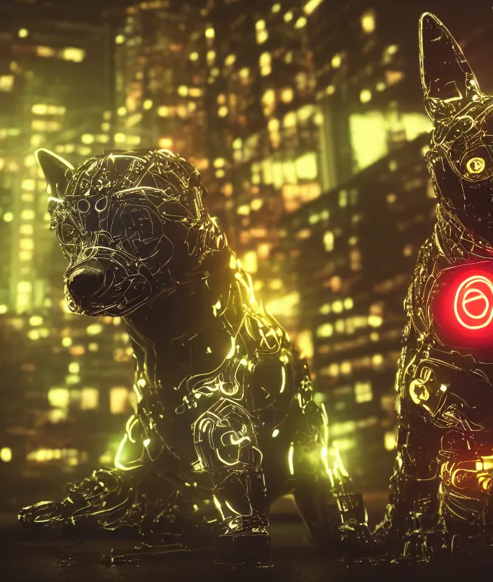 Image similar to japanese model cyborg dog with digital led skin, neon lighting, techno neon projector background, family photo, intricate details, ultra realistic, unreal engine 5, depth of field, bokeh, octane render