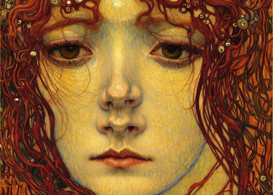 Image similar to detailed realistic beautiful young medieval queen face portrait by jean delville, gustav klimt and vincent van gogh, art nouveau, symbolist, visionary, gothic, pre - raphaelite, muted earthy colors, desaturated