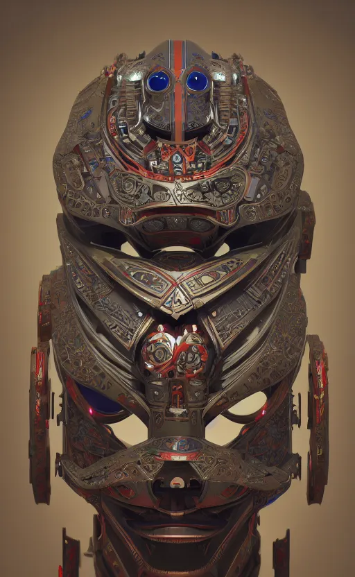 Image similar to robot wearing a tribal mask, japanese pottery, vivid colors, wood, metal, intricate details, trending on cgsociety, concept art, glowing eyes, sharp focus, ultra realistic details, cinematic atmosphere, global illumination, shadows, octane render, 8 k