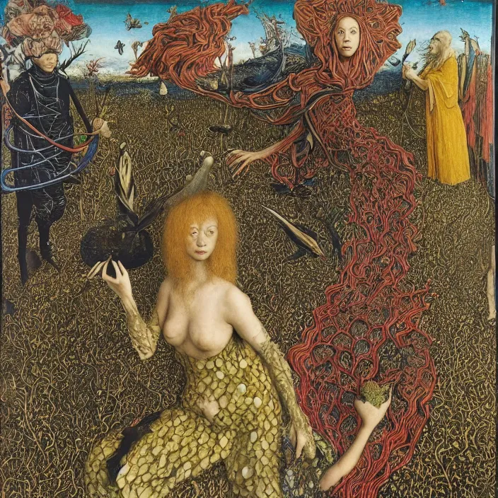 Image similar to a wide landscape with a tattood alien girl with fish scales and feathers changing into a plant while the stars shine above like flower by jan van eyck, ernst fuchs, nicholas kalmakoff, joep hommerson, character, full body, catsuit, max ernst, hans holbein, lace