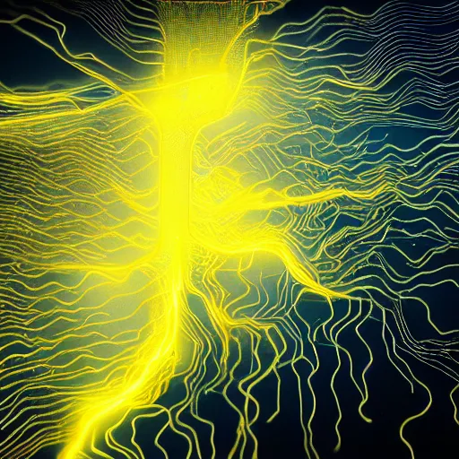 Prompt: ethereal god of artificial intelligence in the shape of yellow abstract nebulous thunder creating the first artificial neural network, high resolution, award winning art, trending on art station, sharp image, incredibly detailed, leica noctilux photography