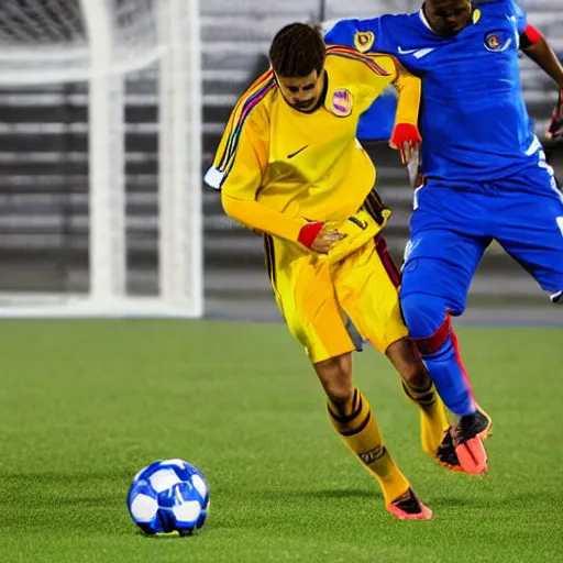 Prompt: A man in a disheveled suit pointing a gun at a professional soccer player in a blue, red and yellow uniform