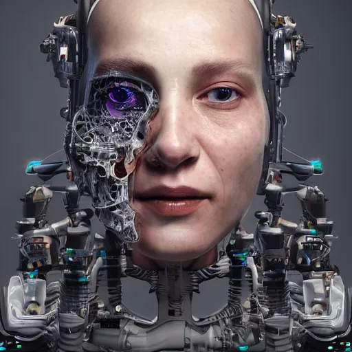 Image similar to Ultra detailed, 4K Portrait of a Cyborg by Rachel Ruysch