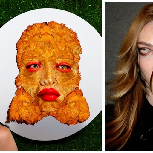 Image similar to a face made of fried chicken, fried chicken in the shape of a face, fried chicken looking like amanda seyfried