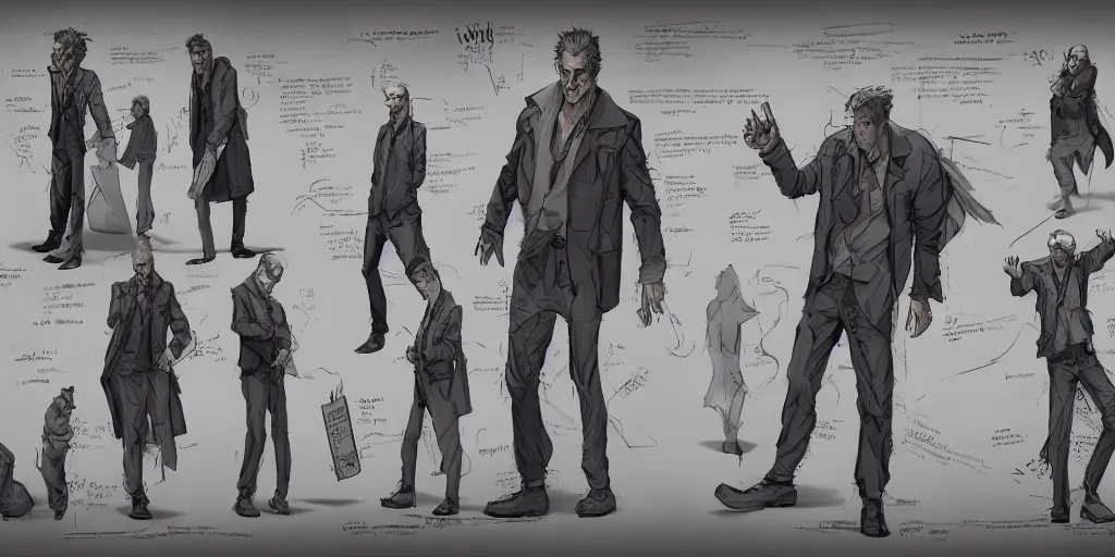 Image similar to john constantine, character sheet, concept design, contrast, kim jung gi, greg rutkowski, zabrocki, karlkka, jayison devadas, trending on artstation, 8 k, ultra wide angle, pincushion lens effect