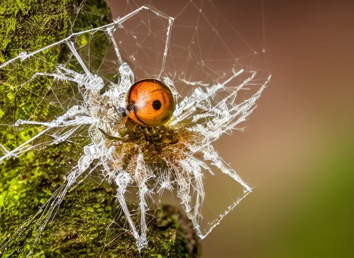 Image similar to super macro of a clear crystal spider with big eyes sitting on a flower, in the forest. fantasy magic style. highly detailed 8 k. intricate. nikon d 8 5 0 3 0 0 mm. award winning photography.